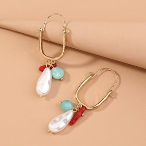 Simple Style U Shape Alloy Artificial Pearl Drop Earrings, Gold Tone, Bl…